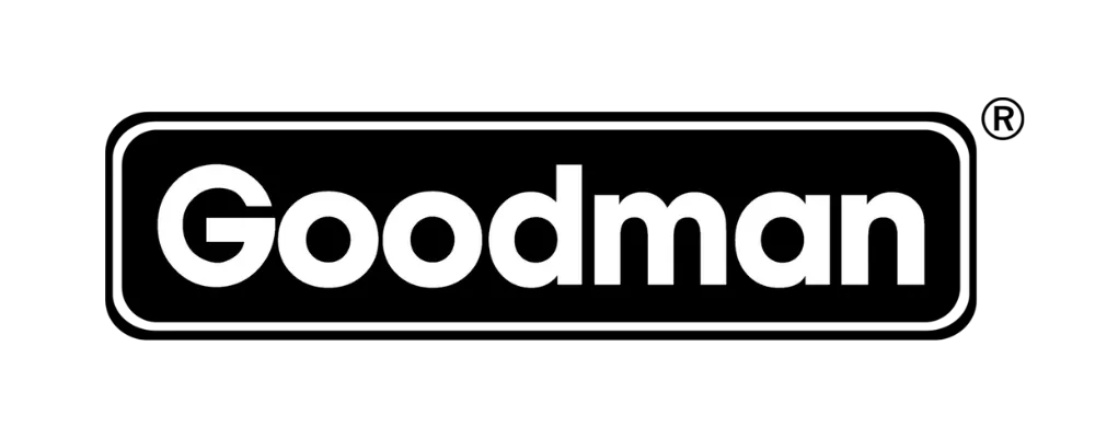 Goodman logo. Home HVAC systems by Goodman. White Goodman text on a black background. Heating and cooling solutions for your home.
