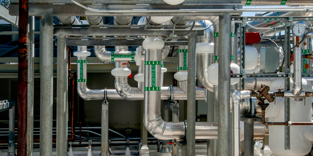 Complex industrial piping system for boiler maintenance in Phoenix, AZ. Metal pipes, valves, and pressure gauges.
