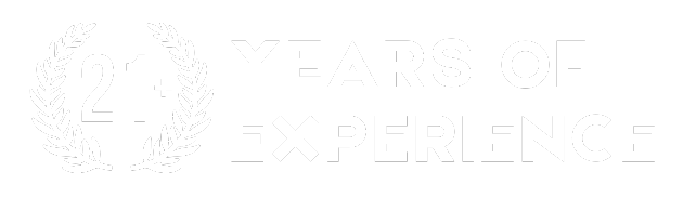 21+ Years of Experience in Phoenix, AZ. Image shows a laurel wreath surrounding the number 21, plus the words Years of Experience in bold white letters.