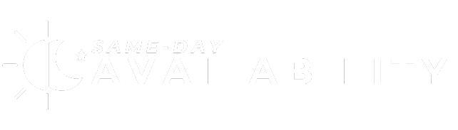 Same-day availability logo. White text on a blue-gray background. Sun, moon, and star graphic. Phoenix, AZ.