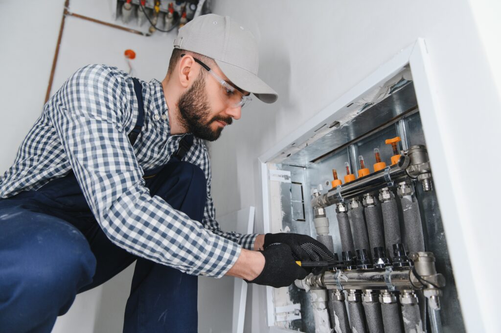 Heating repair technician working on a manifold. Plumber fixing pipes and valves. Professional heating repair service in Phoenix, AZ.