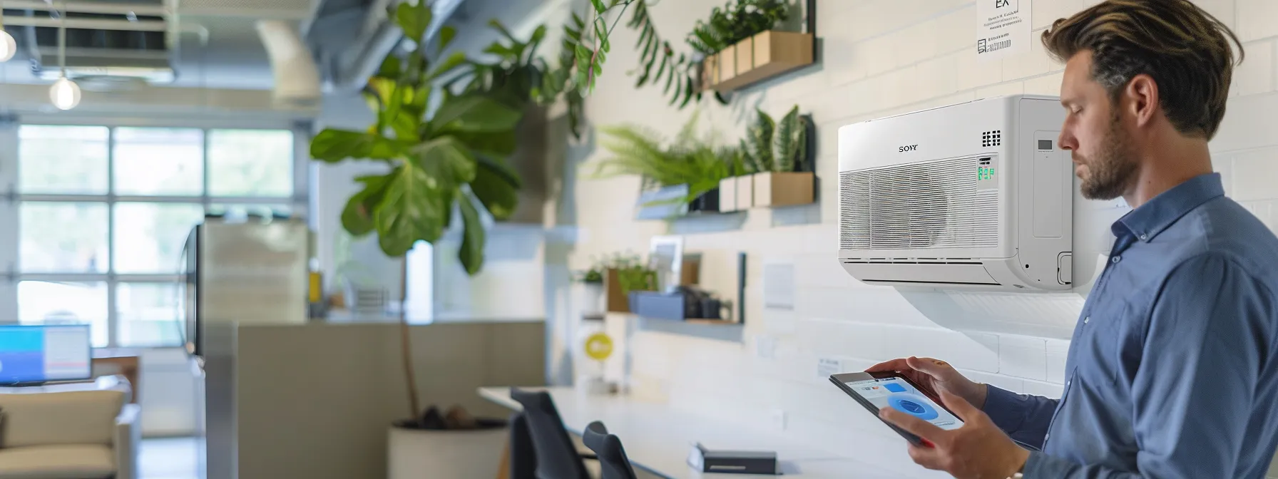a modern, well-lit office space features a sleek air conditioning unit prominently displayed on the wall, with a digital display highlighting energy efficiency metrics, while a thoughtful homeowner reviews an assessment of cooling needs and costs on a tablet. a modern, well-lit office space features a sleek air conditioning unit prominently displayed on the wall, with a digital display highlighting energy efficiency metrics, while a thoughtful homeowner reviews an assessment of cooling needs and costs on a tablet.