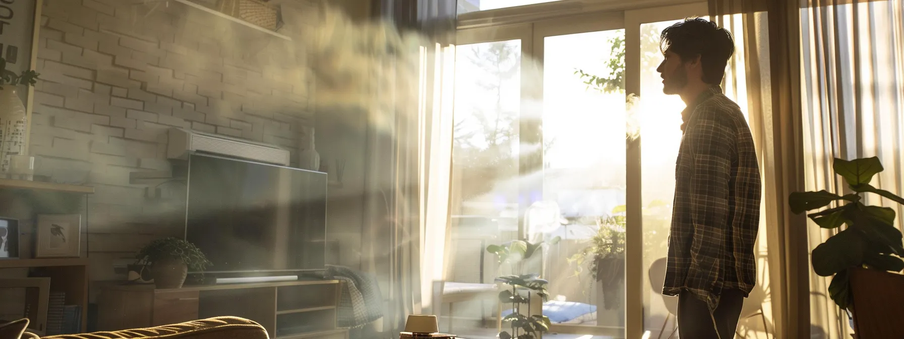 a visibly frustrated homeowner stands in a modern living room, looking toward a central air conditioning unit that is emitting warm air and faint smoke, surrounded by scattered pamphlets detailing signs of cooling issues. a visibly frustrated homeowner stands in a modern living room, looking toward a central air conditioning unit that is emitting warm air and faint smoke, surrounded by scattered pamphlets detailing signs of cooling issues.