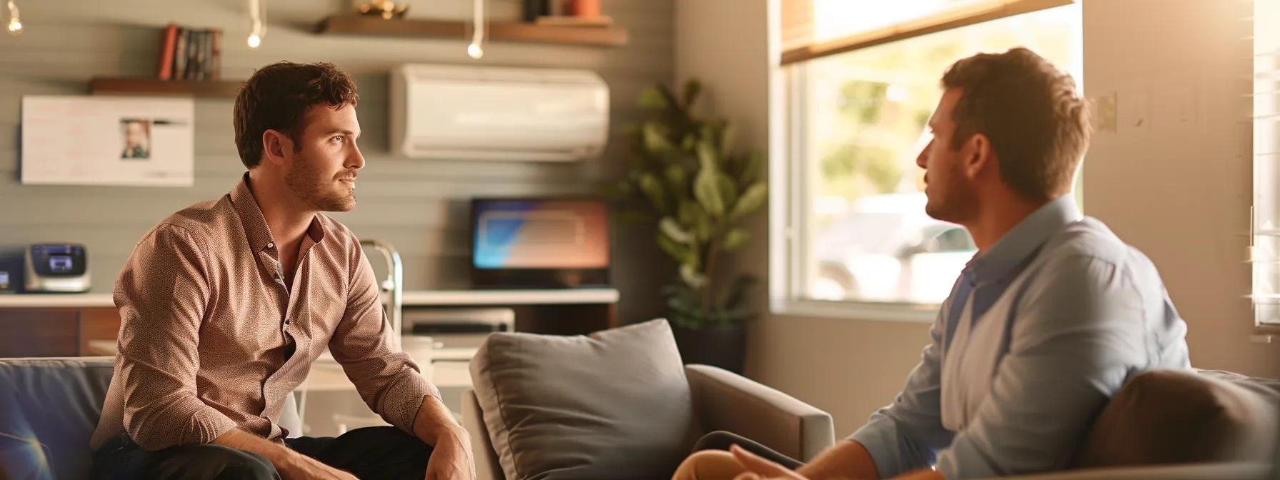 a confident homeowner interviews a professional-looking ac installer in a modern phoenix office adorned with hvac certifications and customer testimonials, emphasizing the importance of qualified service in air conditioning installation. a confident homeowner interviews a professional-looking ac installer in a modern phoenix office adorned with hvac certifications and customer testimonials, emphasizing the importance of qualified service in air conditioning installation.