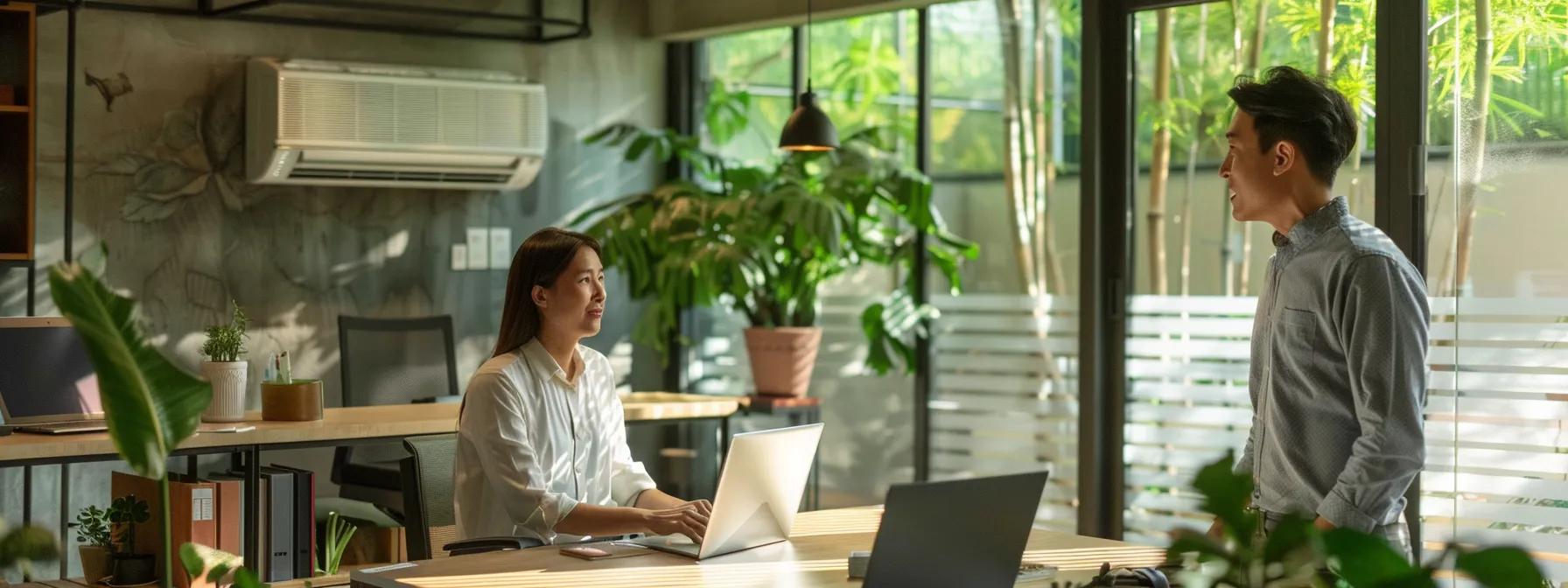 a modern, well-lit office space featuring a concerned homeowner discussing air conditioning issues with a professional technician, emphasizing the importance of timely ac replacement with visual cues like an outdated air conditioning unit in the background. a modern, well-lit office space featuring a concerned homeowner discussing air conditioning issues with a professional technician, emphasizing the importance of timely ac replacement with visual cues like an outdated air conditioning unit in the background.