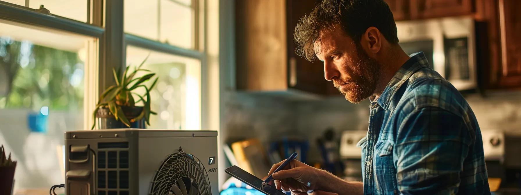 a professional hvac technician works diligently in a well-lit, modern phoenix home, surrounded by essential tools and equipment, meticulously diagnosing an indoor air conditioning unit while showcasing a transparent pricing estimate on a digital tablet. a professional hvac technician works diligently in a well-lit, modern phoenix home, surrounded by essential tools and equipment, meticulously diagnosing an indoor air conditioning unit while showcasing a transparent pricing estimate on a digital tablet.